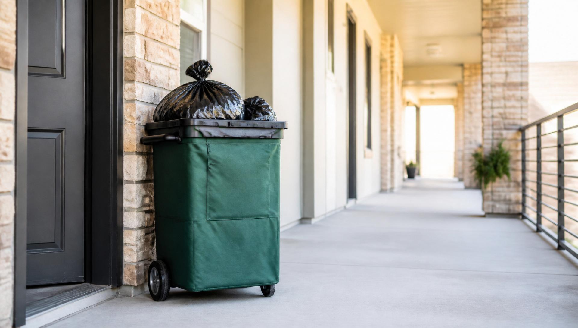 Professional valet trash cart with tied bags outside an apartment door in bright daylight